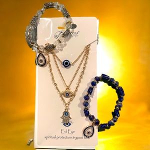 NEW 2 Set! Evil Eye Triple Layered necklace in gold with a bracelet.